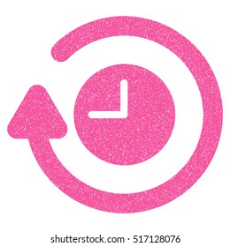 Repeat Clock grainy textured icon for overlay watermark stamps. Flat symbol with scratched texture. Dotted vector pink ink rubber seal stamp with grunge design on a white background.
