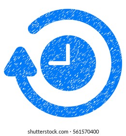 Repeat Clock grainy textured icon for overlay watermark stamps. Flat symbol with scratched texture. Dotted vector blue ink rubber seal stamp with grunge design on a white background.