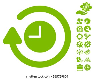 Repeat Clock icon with bonus configuration pictograms. Vector illustration style is flat iconic eco green symbols on white background.
