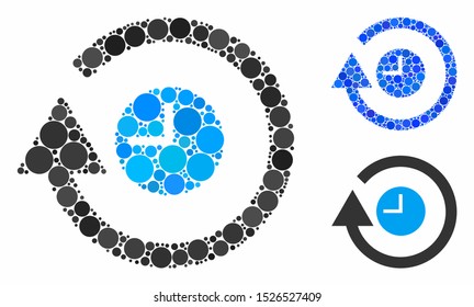 Repeat clock mosaic for repeat clock icon of small circles in various sizes and color tones. Vector small circles are organized into blue collage. Dotted repeat clock icon in usual and blue versions.