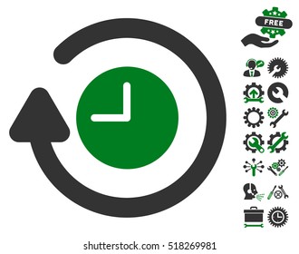 Repeat Clock pictograph with bonus settings clip art. Vector illustration style is flat iconic green and gray symbols on white background.
