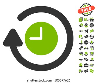 Repeat Clock pictograph with free bonus graphic icons. Vector illustration style is flat iconic symbols, eco green and gray colors, white background.