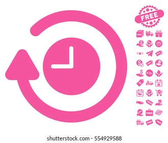 Repeat Clock pictograph with free bonus icon set. Vector illustration style is flat iconic symbols, pink color, white background.