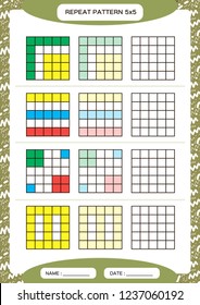 Repeat colorful pattern. Cube grid with squares. Special for preschool kids. Worksheet for practicing fine motor skills. Improving skills tasks. A4. Snap game. 5x5.