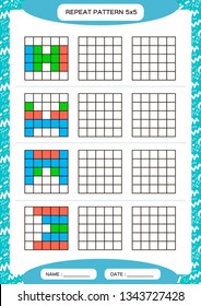 Repeat colorful pattern. Cube grid with squares. Special for preschool kids. Worksheet for practicing fine motor skills. Improving skills tasks. A4. Snap game. 5x5