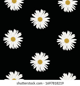 Repeat Daisy Flower Pattern with black background. Seamless floral pattern. Stylish repeating texture. 