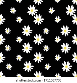Repeat Daisy Flower Pattern with black background. Seamless floral pattern. Stylish repeating texture. 