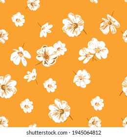 Repeat Daisy Flower Pattern with orange background. Seamless floral pattern. Stylish repeating texture.