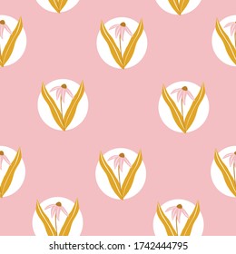 Repeat Daisy Flower Pattern with pink background. Seamless pink and gold daisy in circle pattern. 