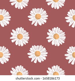 Repeat Daisy Flower Pattern with red background. Seamless floral pattern. Stylish repeating texture. 