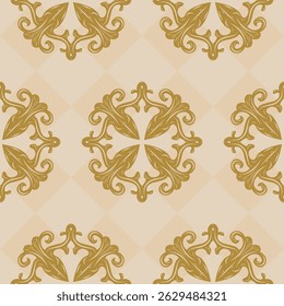 Repeat Elaborate Seamless Scroll Ornament Brocade Baroque Design Decoration Luxury Pattern with Golden Filigree on Beige Geometric Argyle Background. Modern Classy Timeless Style for Wallpaper Apparel