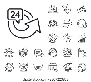 Repeat every day sign. Online doctor, patient and medicine outline icons. 24 hours service line icon. Refund symbol. 24 hours line sign. Veins, nerves and cosmetic procedure icon. Intestine. Vector