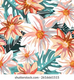 A repeat exotic floral pattern with soft pink and orange tropical flowers and green palm leaves. Artistic summer jungle design for fabric, wallpaper and textile prints.