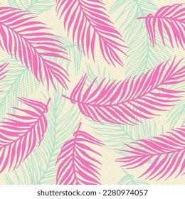 Repeat exotic palm leaves vector pattern. Floral design over waves texture backdrop. Colorful palm tree leaves print. Plant leaves closeup design. Thailand holiday print.
