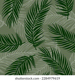 Repeat exotic palm leaves vector pattern. Botanical elements over waves texture background. Elegant palm tree leaves print. Big leaves summer design. Rainforest background.
