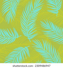 Repeat exotic palm leaves vector pattern. Floral design over waves texture backdrop. Elegant palm tree branches print. Plant leaves summer design. Royal palm fabric print.
