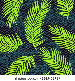 Repeat exotic palm leaves vector pattern. Floral elements over waves texture backdrop. Bright palm tree branches wallpaper. Big leaves greenery pattern. Thailand holiday print.