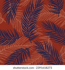 Repeat exotic palm leaves vector pattern. Floral design over waves texture backdrop. Organic palm tree leaves wallpaper. Big leaves closeup design. Royal palm fabric print.