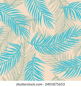 Repeat exotic palm leaves vector pattern. Floral design over waves texture backdrop. Elegant palm tree branches illustration. Plant leaves nature design. Contrast foliage wrapper.