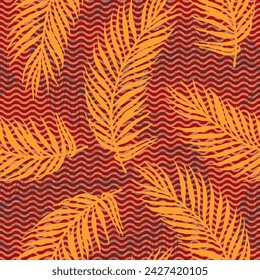 Repeat exotic palm leaves vector pattern. Floral design over waves texture backdrop. Elegant palm tree branches illustration. Plant leaves nature design. Travel poster background.