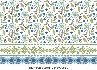 repeat fabric layout in seamless floral border design with minimalist line drawings for fashion wear and digital textile print

