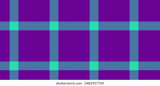 Repeat fabric vector seamless, hippie texture tartan plaid. Household textile check background pattern in purple and teal colors palette.