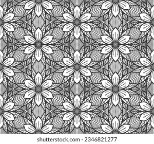 Repeat flower seamless pattern. Black and white limitless background. Abstract floral geometric hexagonal ornament. Endless stylish graphic modern repeat pattern. Fashion monochrome retro decor