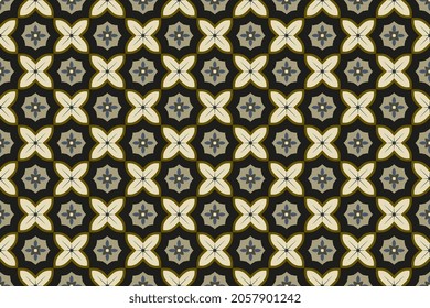 Repeat flower tile foreground design abstract star shapes elegant geo motif carpet pattern continuous grey blue white background. Modern fabric design textile swatch scarf, cravat all over print block