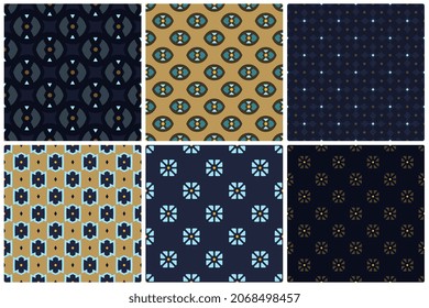 Repeat flower tile foreground design abstract shapes elegant geo motif carpet pattern continuous grey blue yelow background. Modern fabric design textile swatch scarf, cravat all over print block.