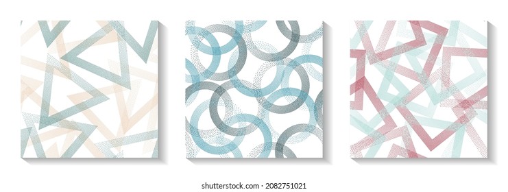 Repeat geometric patterns set with shapes of dots. Circle rings with dots texture, square of points, halftone pixels triangles backgrounds funky vector collection. Fashion ornaments.