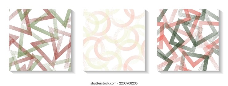 Repeat geometric patterns set with shapes of dots. Rings with dots texture, square of points, halftone pixels triangles backgrounds contemporary vector collection. Perforated ornaments.