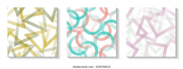 Repeat geometric patterns set with shapes of dots. Round rings with dots texture, square rhombus of points, halftone pixels triangles backgrounds trendy vector collection. Wallpaper prints.