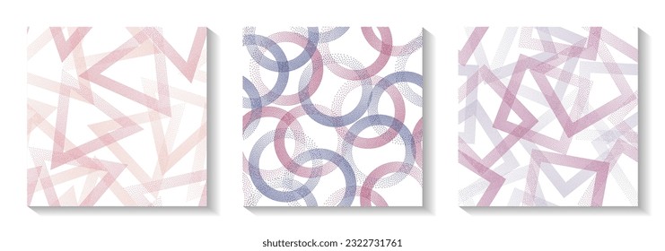 Repeat geometric patterns set with shapes of dots. Round rings with dots texture, square rhombus of points, halftone pixels triangles backgrounds stylish vector collection. Wallpaper ornaments.