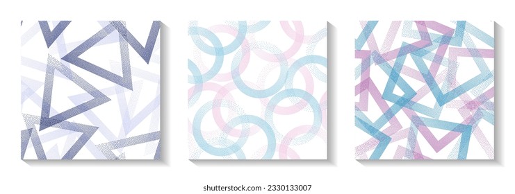 Repeat geometric patterns set with shapes of dots. Circle rings with dots texture, rhombus of points, halftone pixels triangles backgrounds funky vector collection. Perforated ornaments.