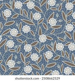 Repeat gray blue floral background featuring hand-drawn folk flowers on and leaves on wavy branches. Vintage pattern print for textiles, wallpapers, and nature-inspired designs