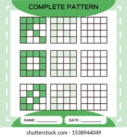 Repeat green pattern. Cube grid with squares. Special for preschool kids. Worksheet for practicing fine motor skills. Improving skills task. Snap game. 4x4. Vector