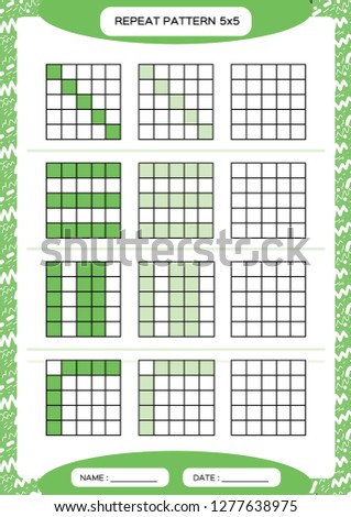 Repeat green pattern. Cube grid with squares. Special for preschool kids. Worksheet for practicing fine motor skills. Improving skills tasks. A4. Snap game. 5x5.