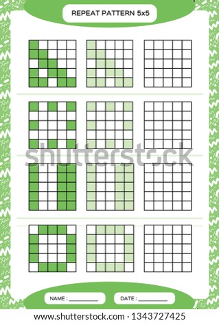 Repeat green pattern. Cube grid with squares. Special for preschool kids. Worksheet for practicing fine motor skills. Improving skills tasks. A4. Snap game. 5x5.