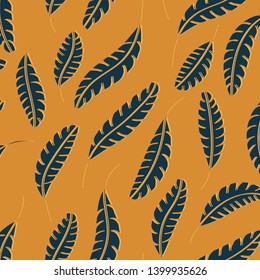 Repeat in half drop. Design of feathers in dark, bold blue. Isolated at a mustard yellow background. Pattern with an illusion of depth by the shadow edge. Non directional design in limited colors.