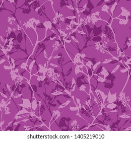 Repeat in half drop design with flowers, leafs and plants. Isolated at a background of bold purple. Limited color palette, ideal for stationery, textile and paper. Realistic, authentic look pattern.