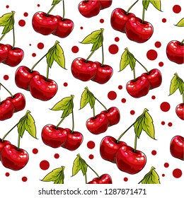 Repeat hand drawn cherry pattern, vecot illustration isolated on white background