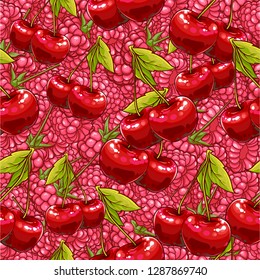 Repeat Hand Drawn Rasberry And Cherry Pattern, Vecot Illustration