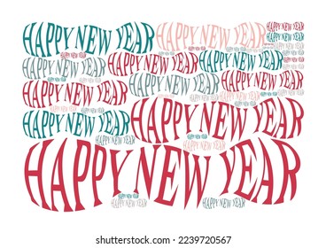 Repeat "Happy New Year" words in white background. Envelope distort text. Pink, light green, beige colors. Banner, card, invitation, cover, post, pattern.