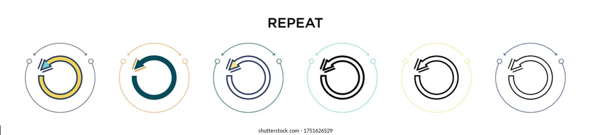 Repeat icon in filled, thin line, outline and stroke style. Vector illustration of two colored and black repeat vector icons designs can be used for mobile, ui, web