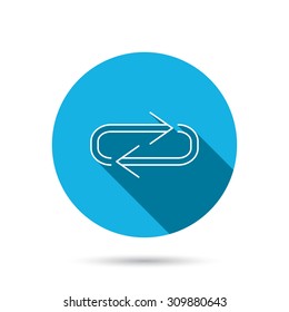 Repeat icon. Full rotation sign. Reload, refresh loop symbol. Blue flat circle button with shadow. Vector