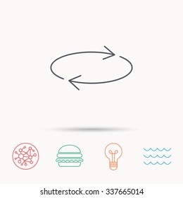 Repeat icon. Full rotation sign. Reload, refresh loop symbol. Global connect network, ocean wave and burger icons. Lightbulb lamp symbol.