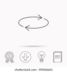 Repeat icon. Full rotation sign. Reload, refresh loop symbol. Download arrow, lamp, learn book and award medal icons.