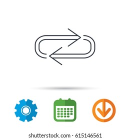 Repeat icon. Full rotation sign. Reload, refresh loop symbol. Calendar, cogwheel and download arrow signs. Colored flat web icons. Vector