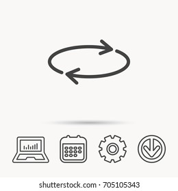 Repeat icon. Full rotation sign. Reload, refresh loop symbol. Notebook, Calendar and Cogwheel signs. Download arrow web icon. Vector