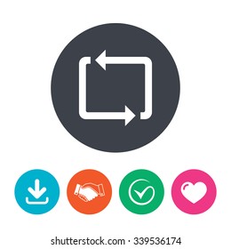 Repeat icon. Loop symbol. Refresh sign. Download arrow, handshake, tick and heart. Flat circle buttons.